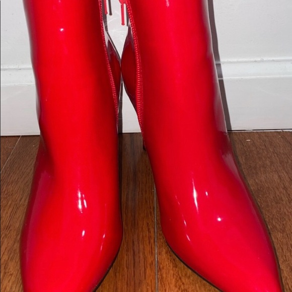 Red Faux Patent Leather Forever21 Heel Ankle Boots - Picture 4 of 6